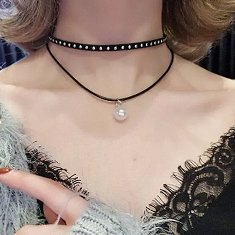 Thumbnail: Black Leather Velvet Heart Choker Necklace Layer Lotus Vintage Goth Baroque
