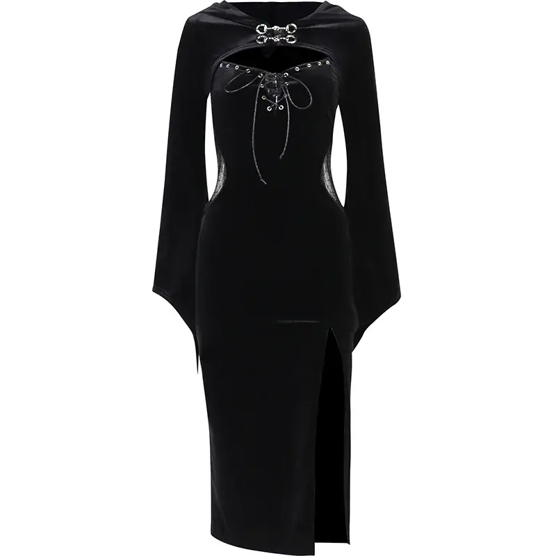 Thumbnail: Gothic Dark Elegant Dress High Split Side Lace Grunge Midi Flare