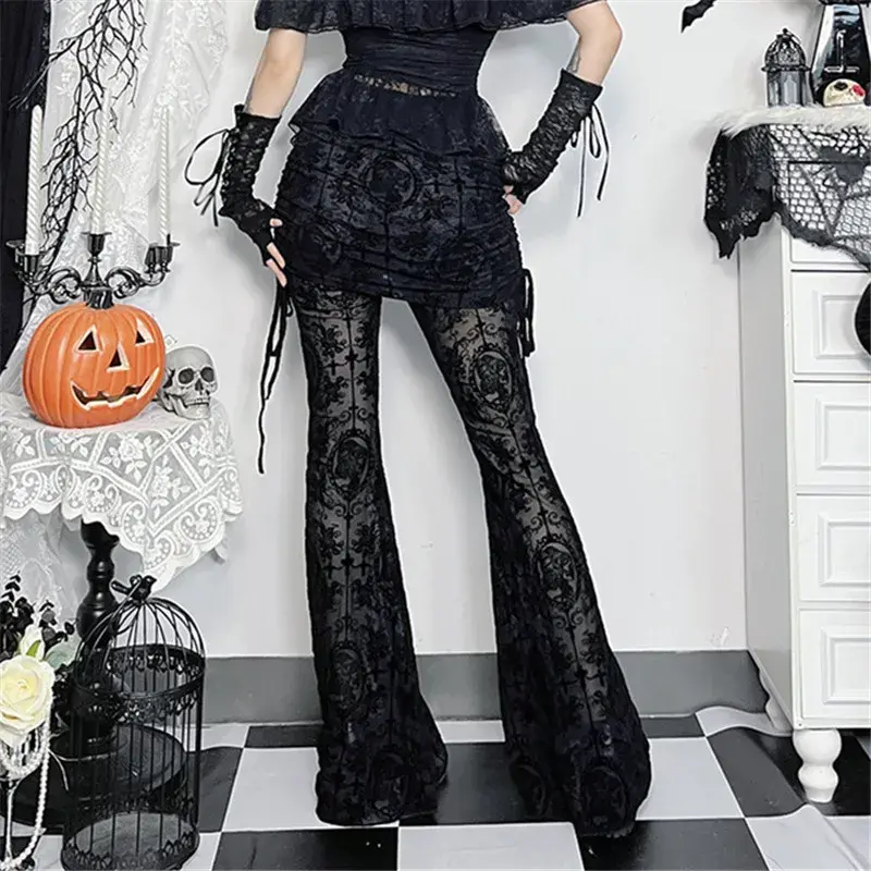 Thumbnail: Goth Dark Elegant Flocking Print Long Pants Grunge Mesh See Through Flare