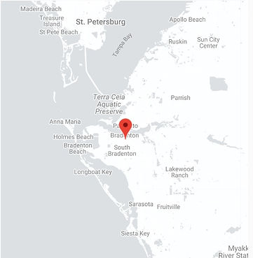 Greyscale map of Bradenton Florida with a red pin marker.
