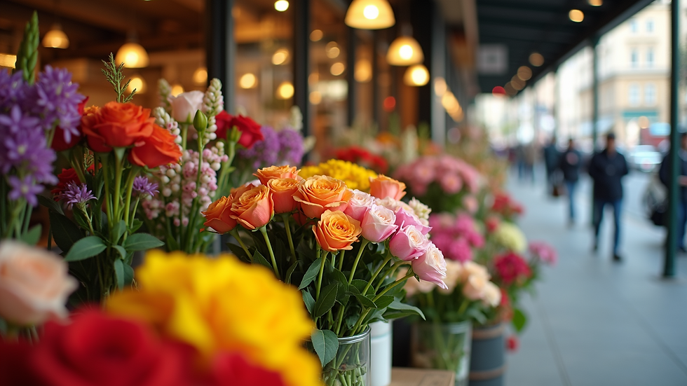 Eye-level view of a flower shop display with colorful fresh bouquets