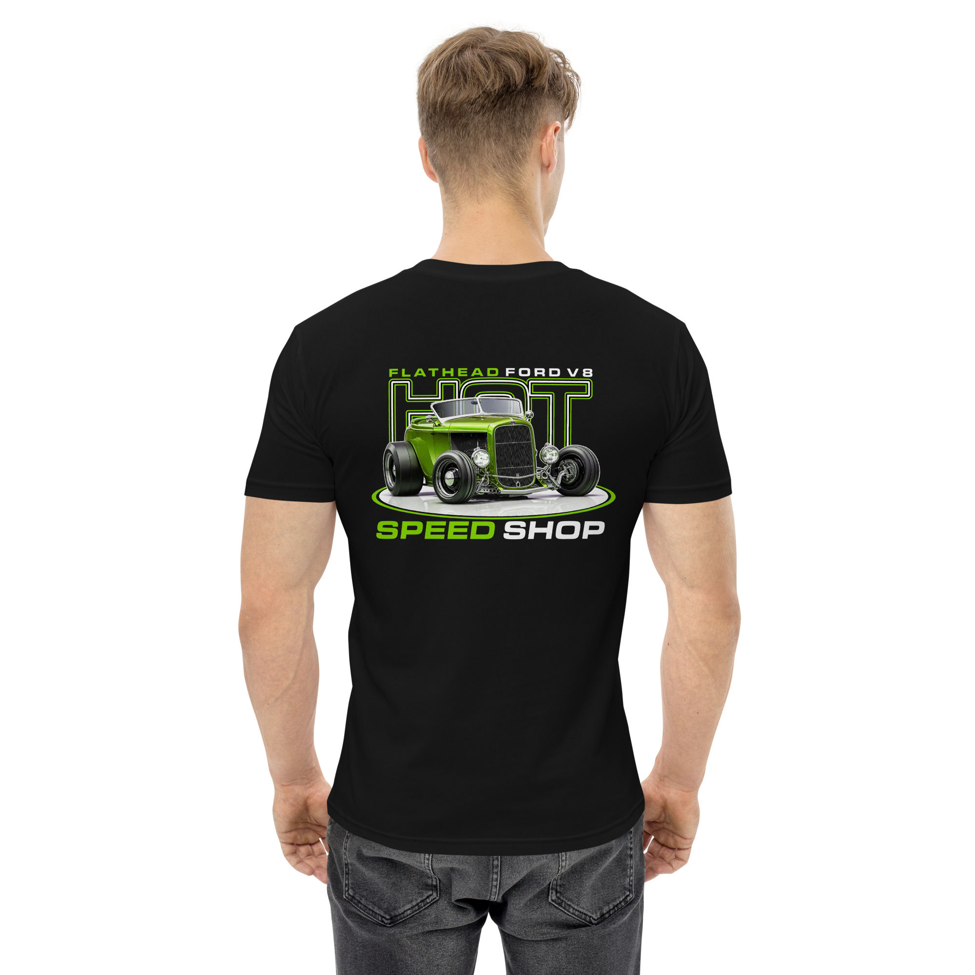 Men's 100% Cotton Tee "HOT ROD SPEED SHOP-LIME" Large BACK Print
