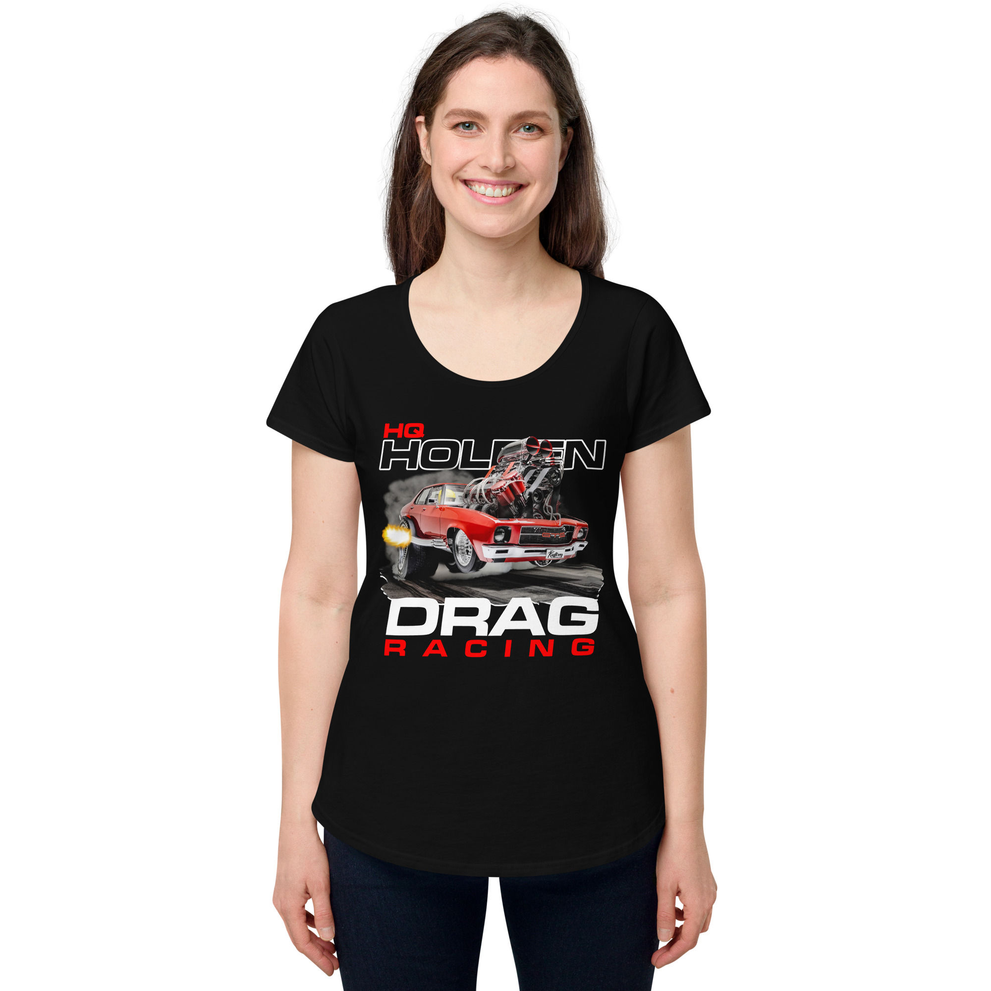 Women’s round neck tee 100% Cotton "HQ DRAG RACING" Front Print