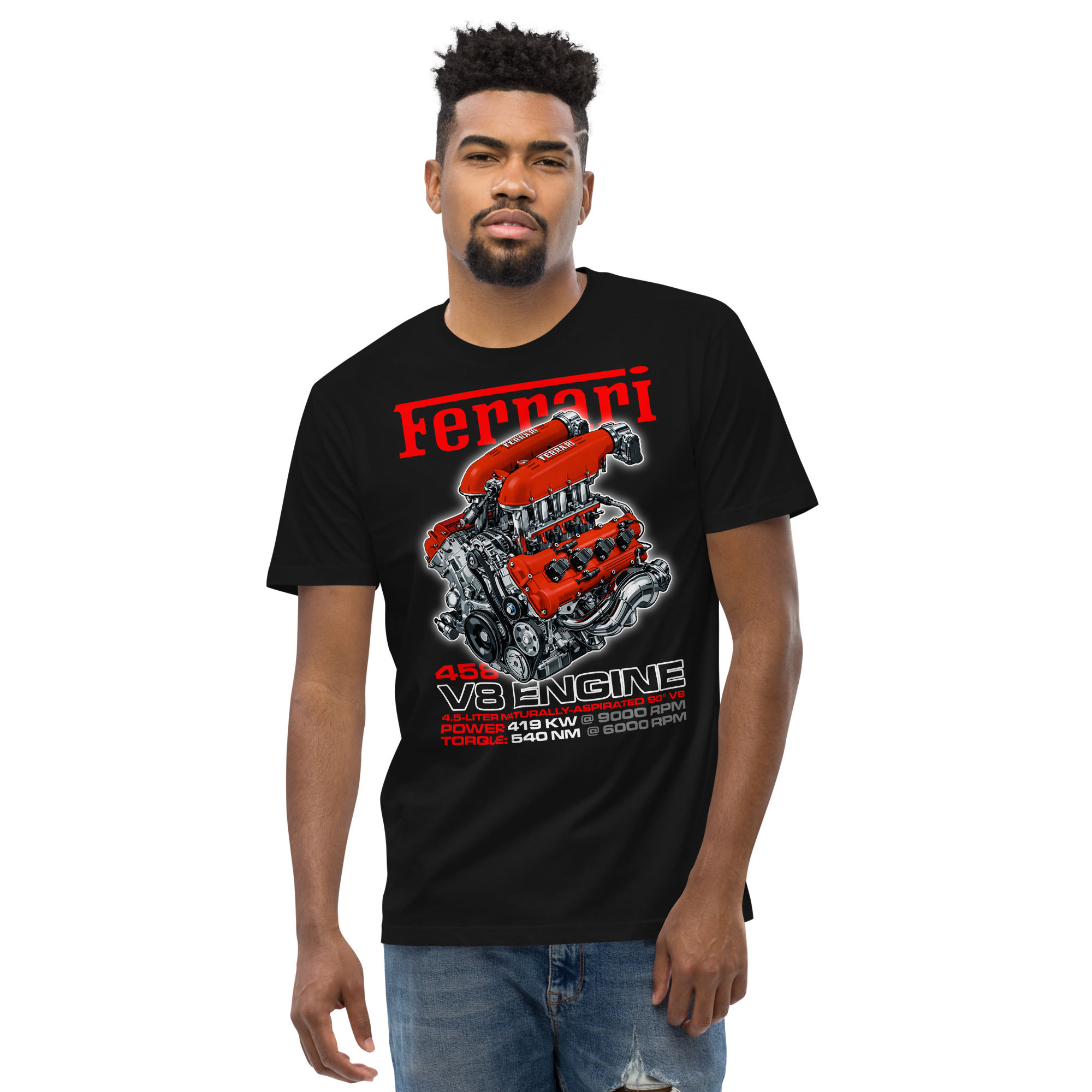 Men's 100% Cotton Tee "458 V8" Large Front Print
