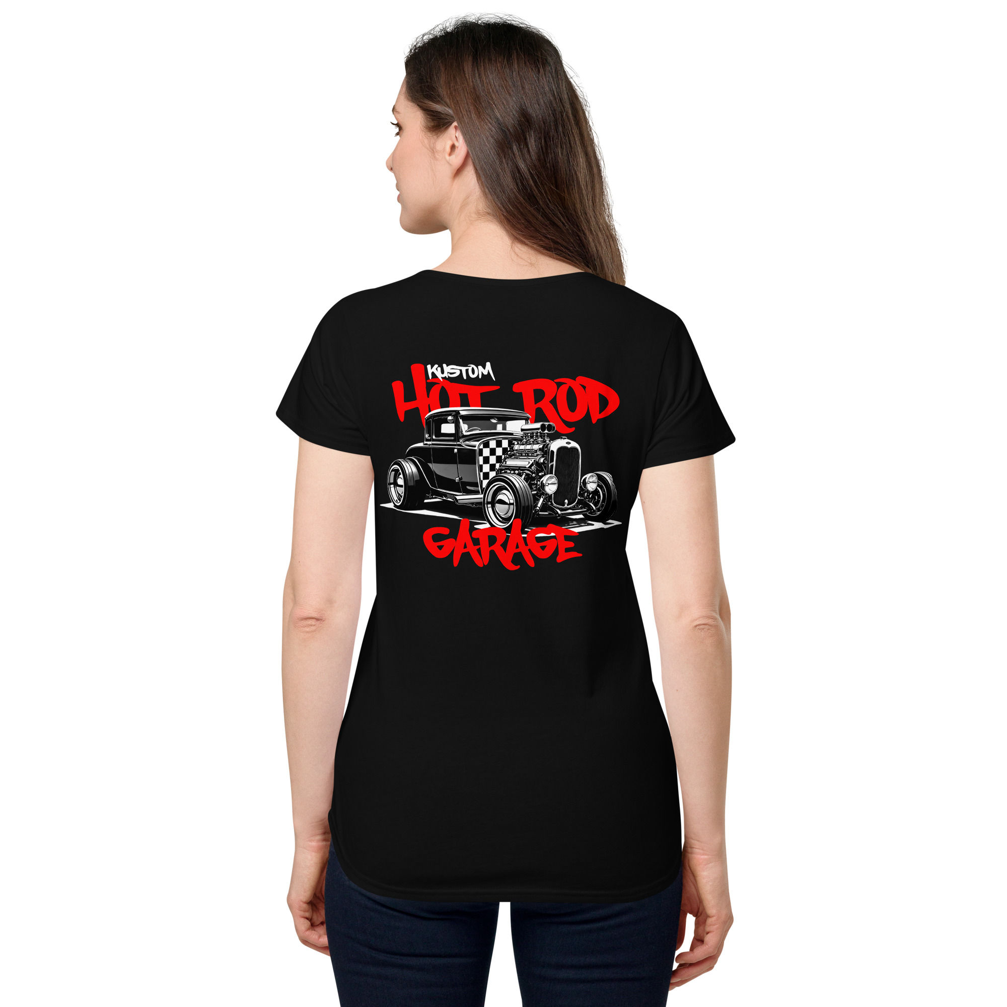 Women's 100% Cotton Tee "HOT ROD GARAGE" Large BACK Print