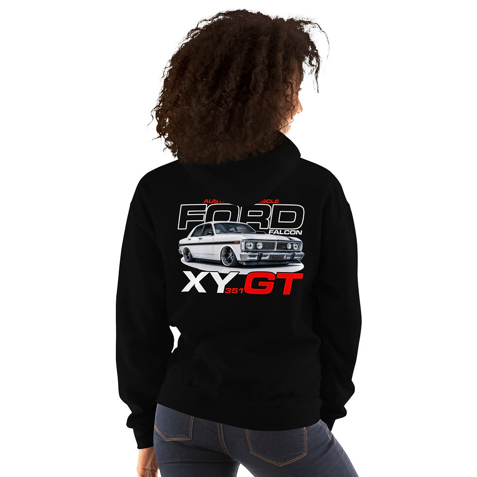 Thumbnail: Unisex Hoodie "FORD FALCON XY GT" Large BACK Print