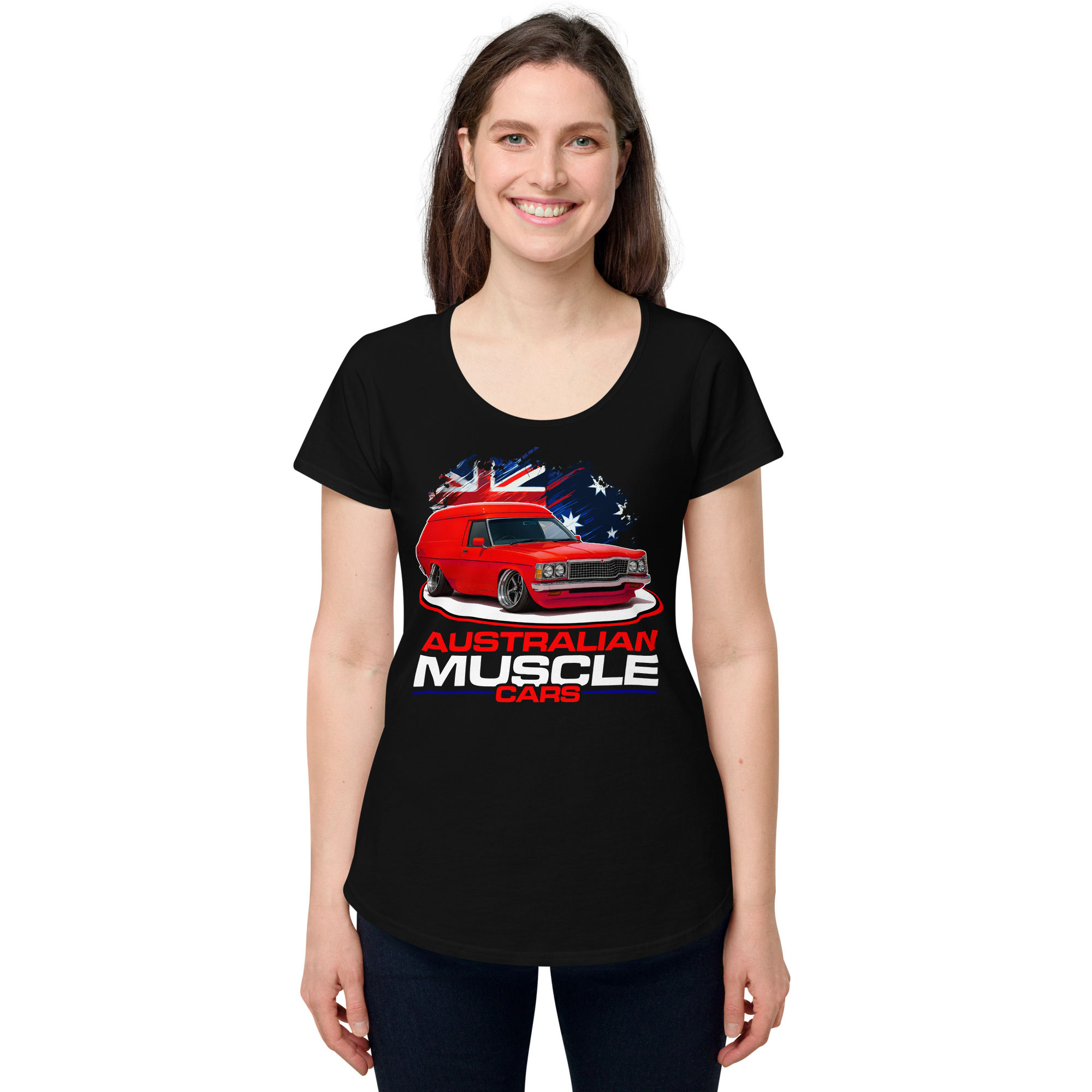 Women’s 100% Cotton Tee "AUSSIE MUSCLE-PANNO" Large Front Print