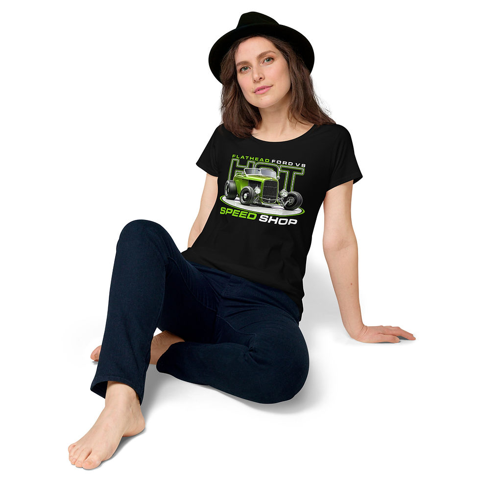 Thumbnail: Women’s round neck tee 100% Cotton " HOT ROD SPEED SHOP-LIME" Front Print