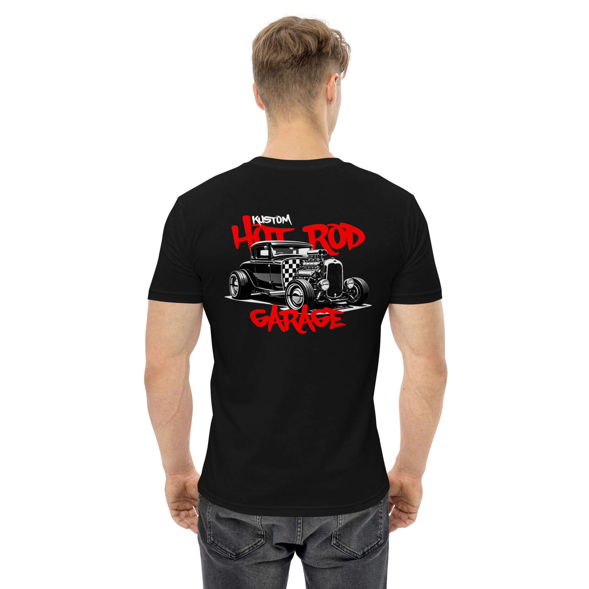 Men's 100% Cotton Tee "HOT-ROD-GARAGE" Large BACK Print