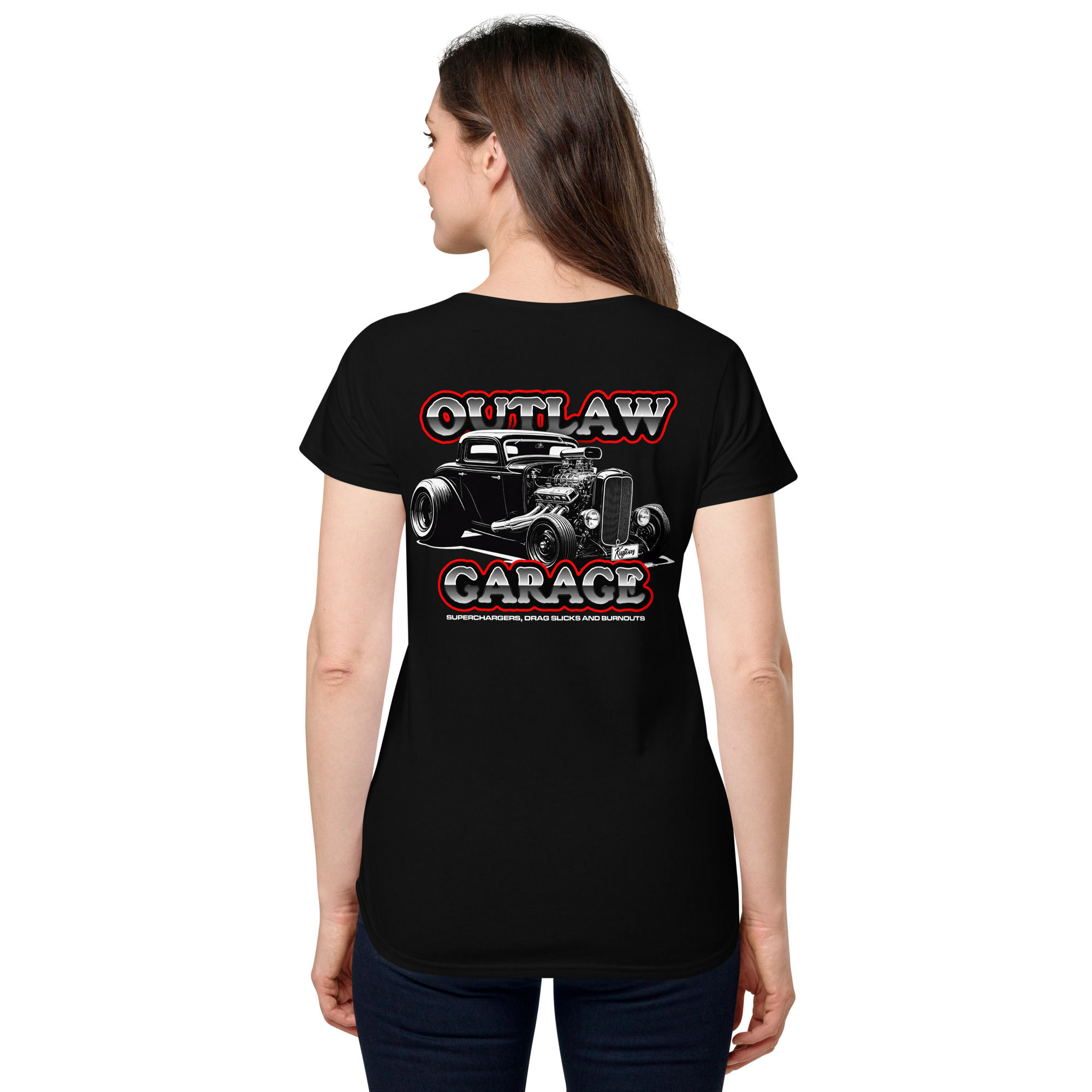 Women's 100% Cotton Tee "OUTLAW GARAGE 2" Large BACK Print