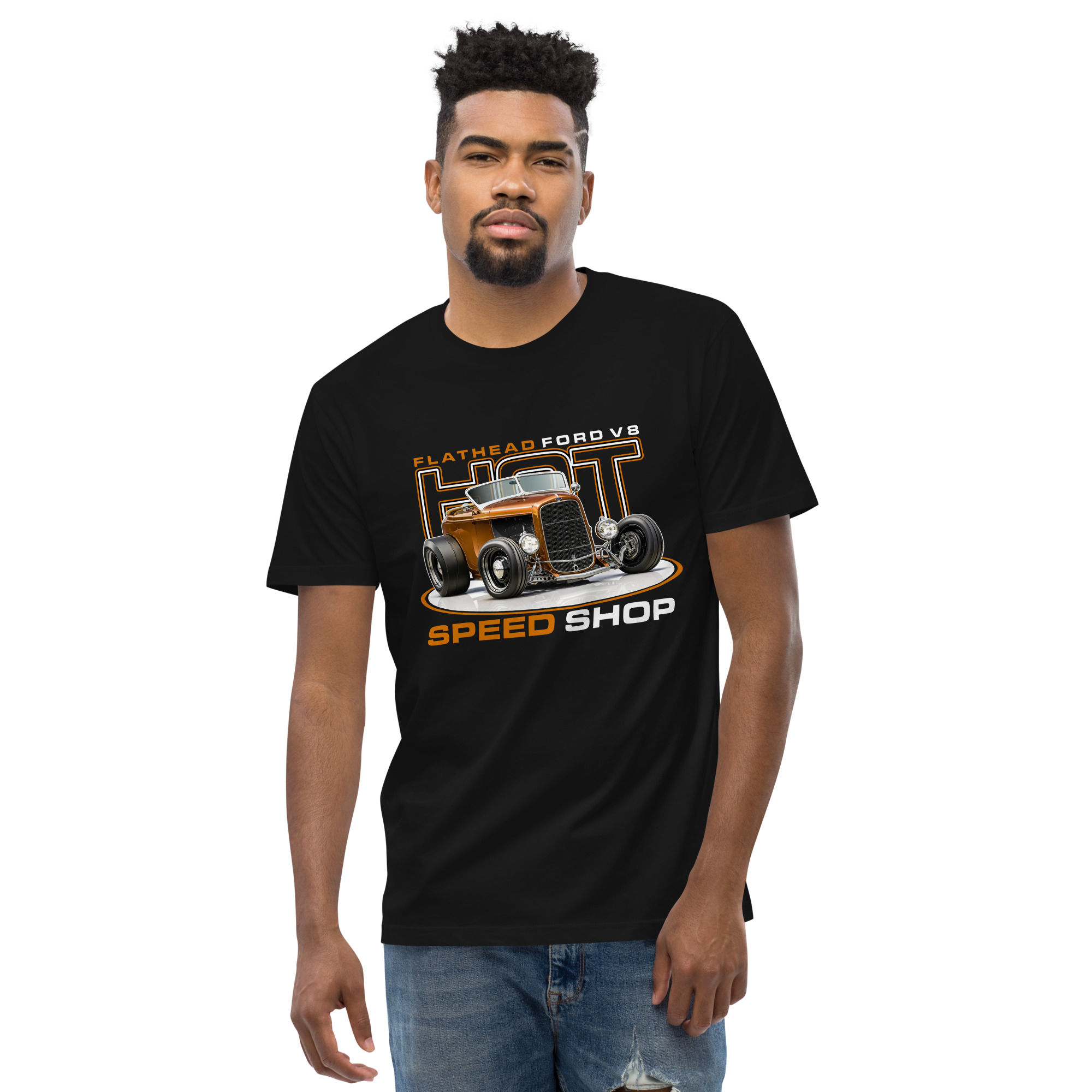 Men's 100% Cotton Tee "HOT ROD SPEED SHOP-COPPER" Large Front Print