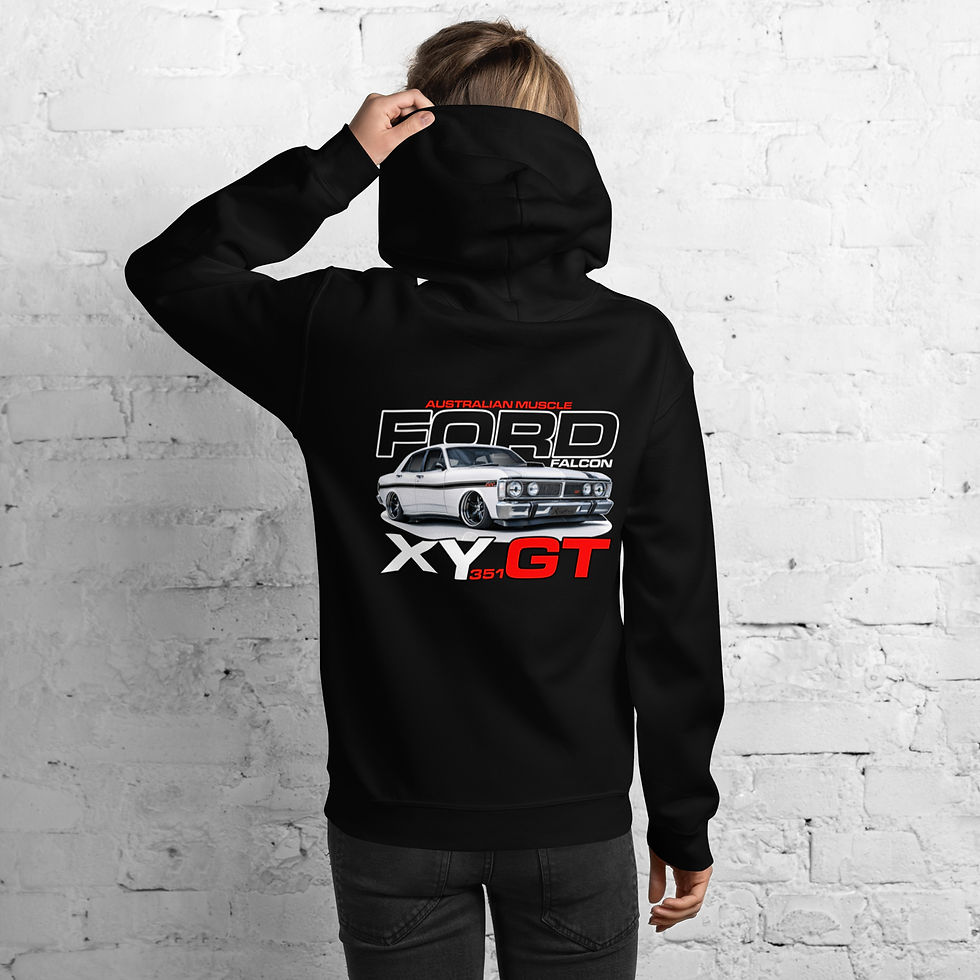 Thumbnail: Unisex Hoodie "FORD FALCON XY GT" Large BACK Print
