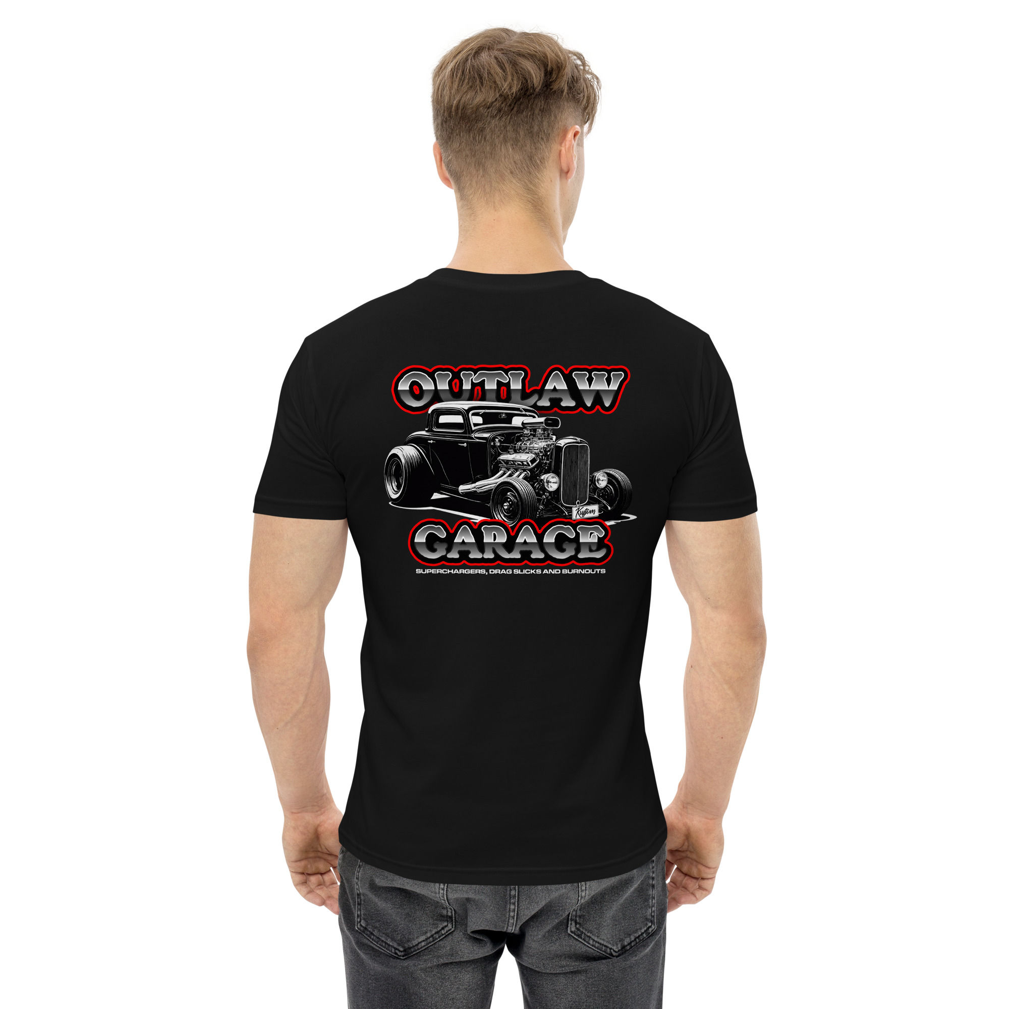 Men's 100% Cotton Tee "OUTLAW GARAGE-2" Large BACK Print