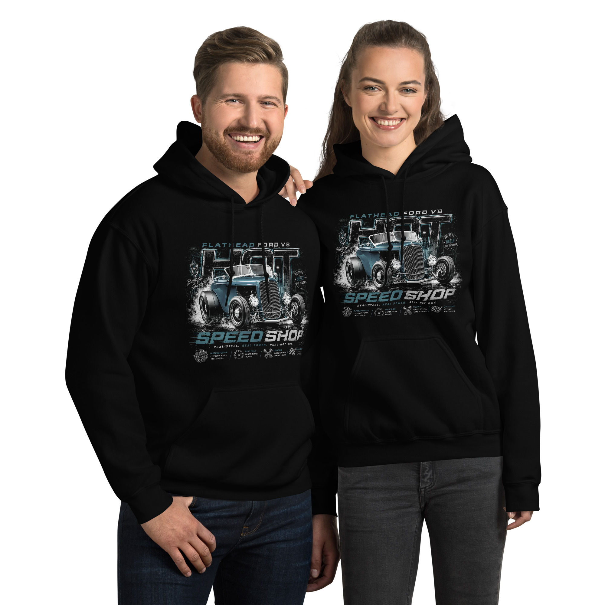 Unisex Hoodie "SPEED SHOP-VINTAGE BLUE" Large FRONT Print