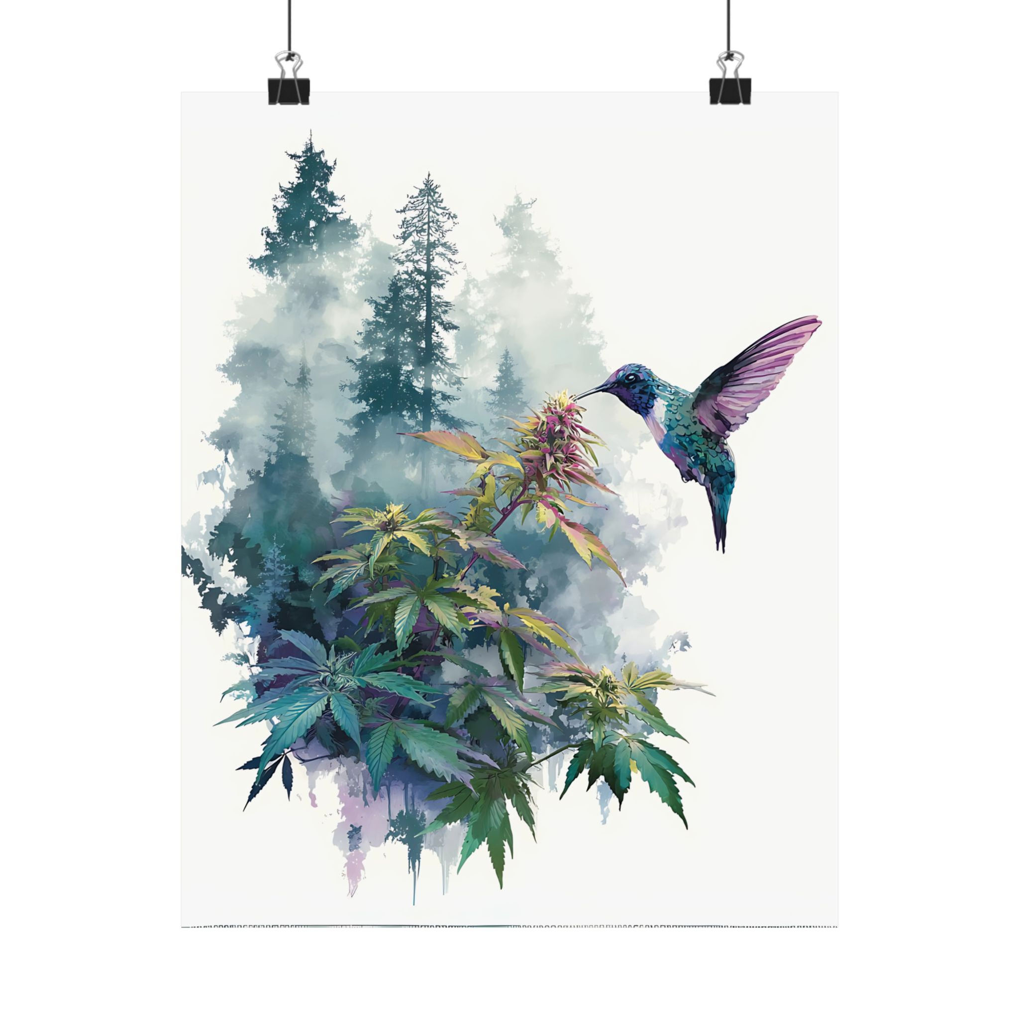 Hummingbird and Cannabis Nature Poster, Botanical Wall Art Print