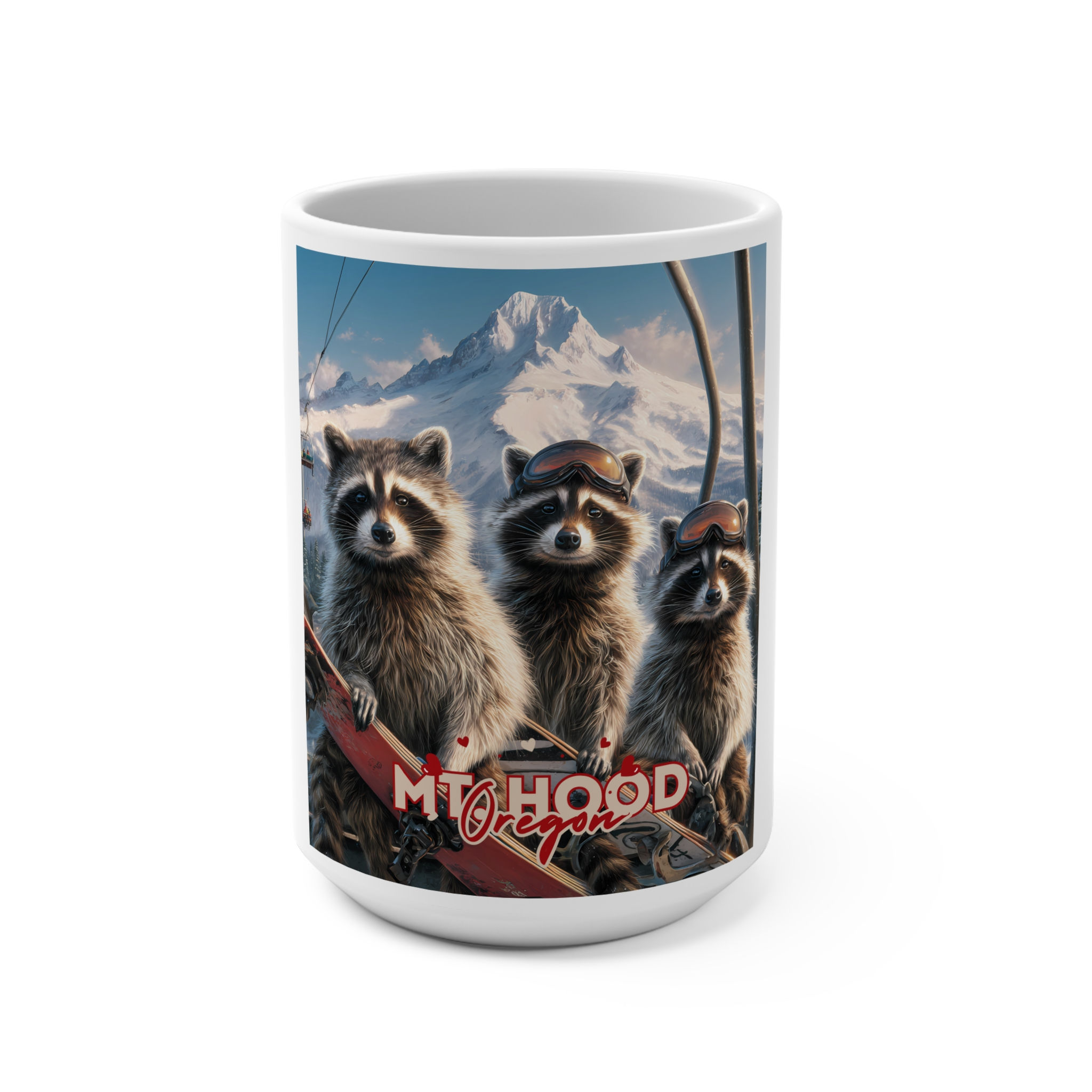 Whimsical Raccoon 15oz Mug - Mt. Hood Oregon, Skiing, Chairlift