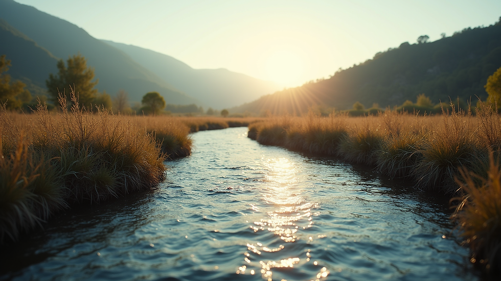 Eye-level view of a serene landscape with a winding river