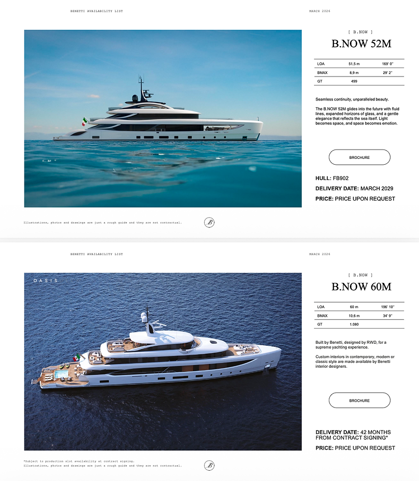 Benetti B.Now 52 Meter Seamless continuity, unparalleled beauty.
The B.NOW 52M glides into the future with fluid lines, expanded horizons of glass, and a gentle elegance that reflects the sea itself. Light becomes space, and space becomes emotion.
Benetti B.Now 60 Meter - Built by Benetti, designed by RWD, for a supreme yachting experience.
Custom interiors in contemporary, modern or classic style are made available by Benetti interior designers.