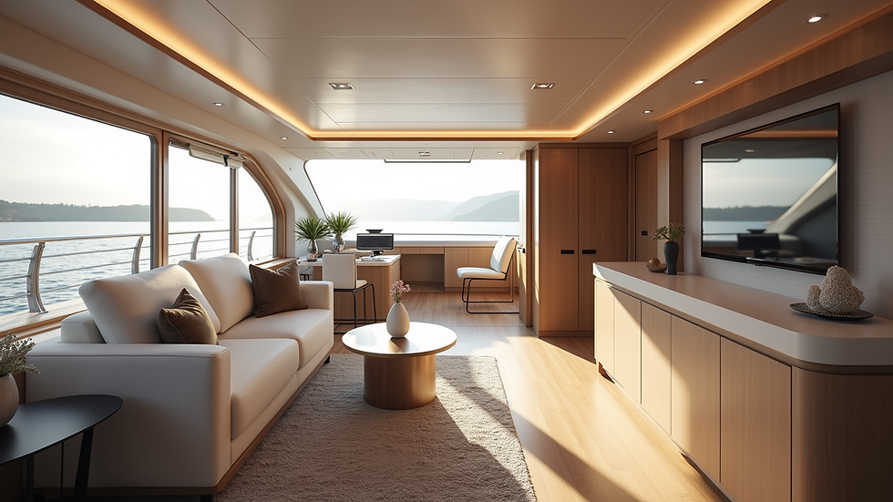 Eye-level view of yacht interior with modern design and luxury furnishings