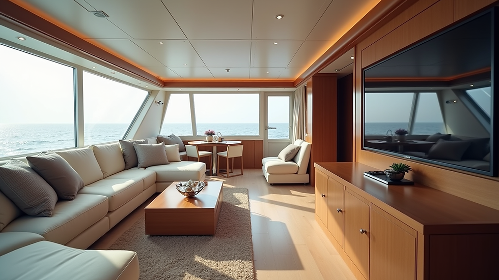 High angle view of a yacht interior featuring luxurious furnishings and advanced technology