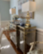 Mirrored Buffet and Greek Key Lamps in French Country Dining Room