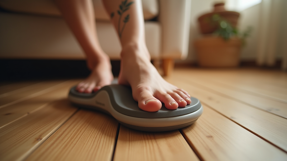 Eye-level view of a foot massager on a wooden floor
