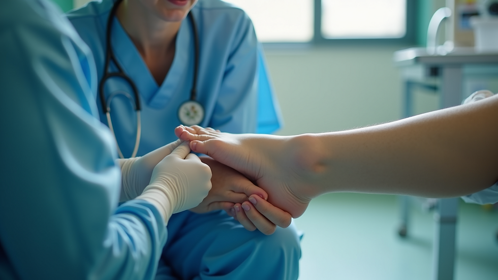 Close-up view of nurse examining a patient's foot