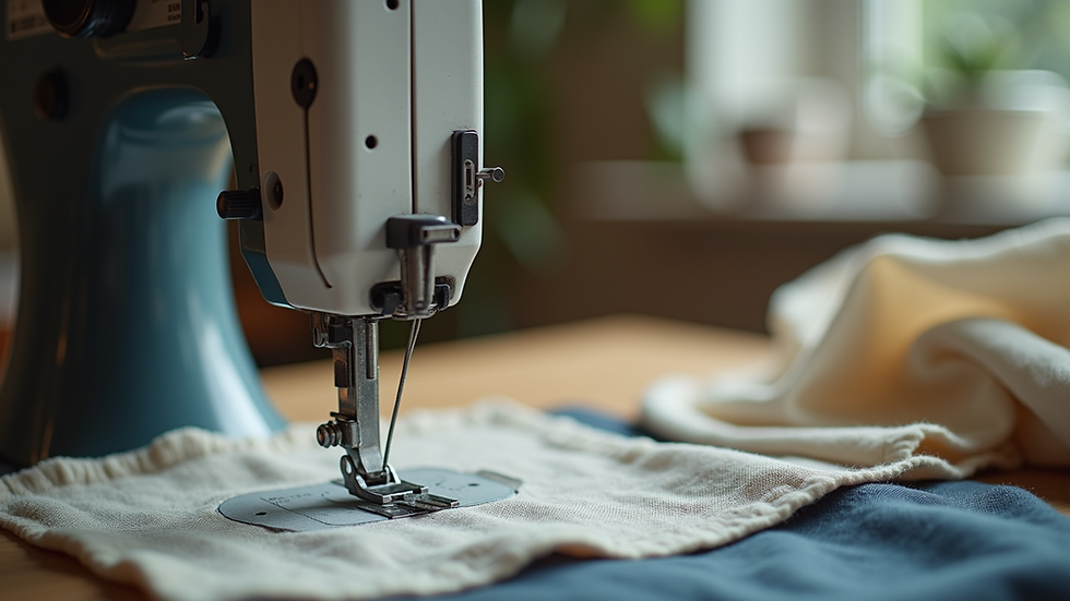 Eye-level view of sewing machine and fabric on a worktable
