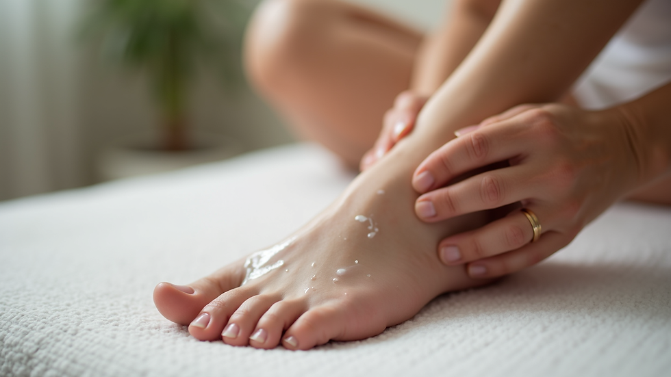 Close-up view of a foot being gently moisturized during a home care session