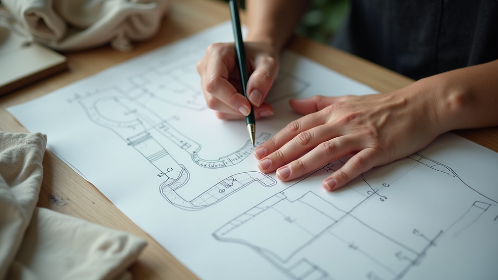 High angle view of hands tracing a sewing pattern on tracing paper
