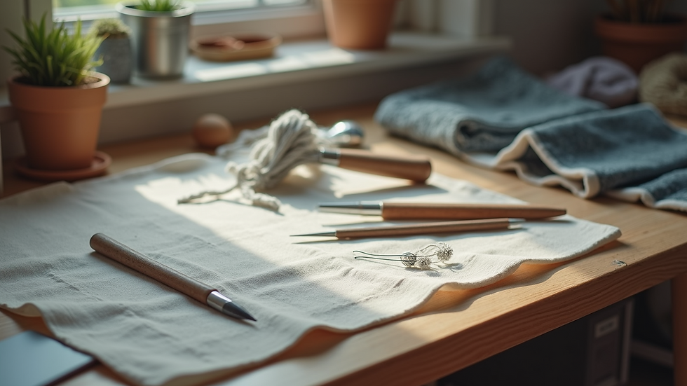 High angle view of sewing tools and fabric on a table