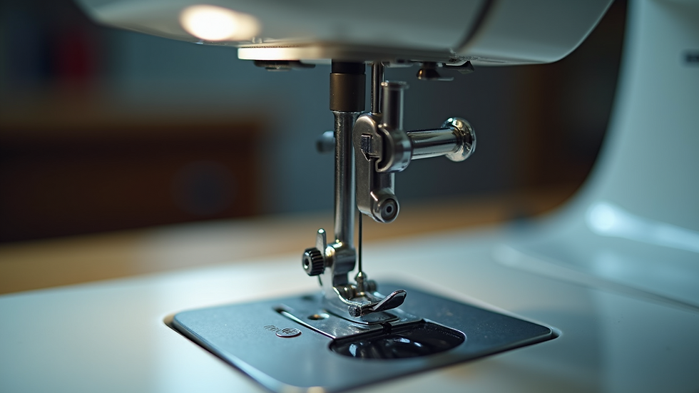 Close-up view of sewing machine needle and presser foot