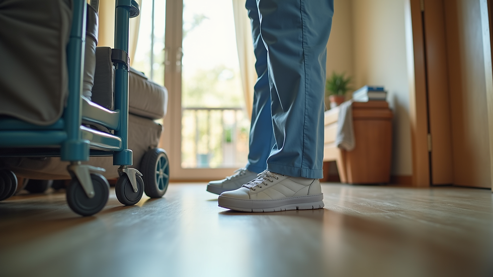 Eye-level view of a mobile foot care nurse setting up equipment in a home
