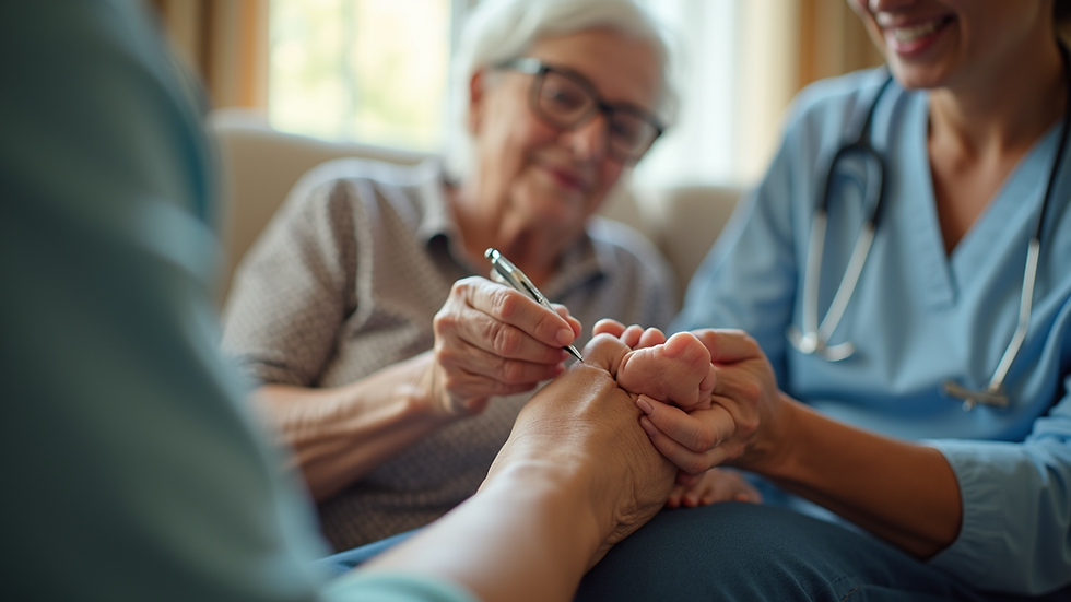 Eye-level view of a foot care nurse trimming a senior’s toenails at home