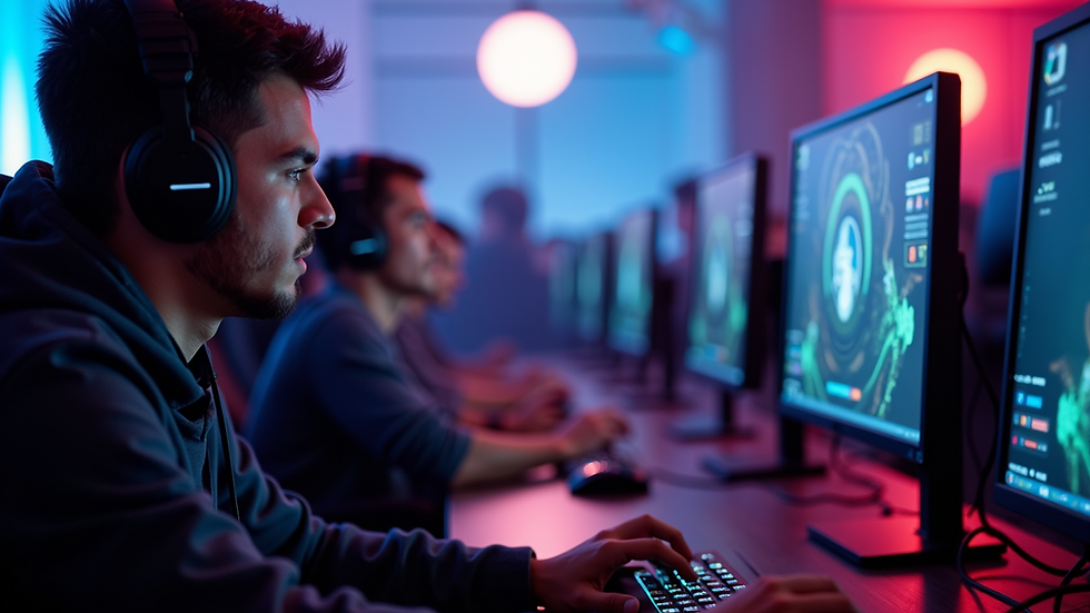 Eye-level view of a gaming tournament with players focused on their screens