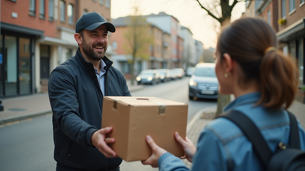 Eye-level view of a delivery driver handing a package to a customer