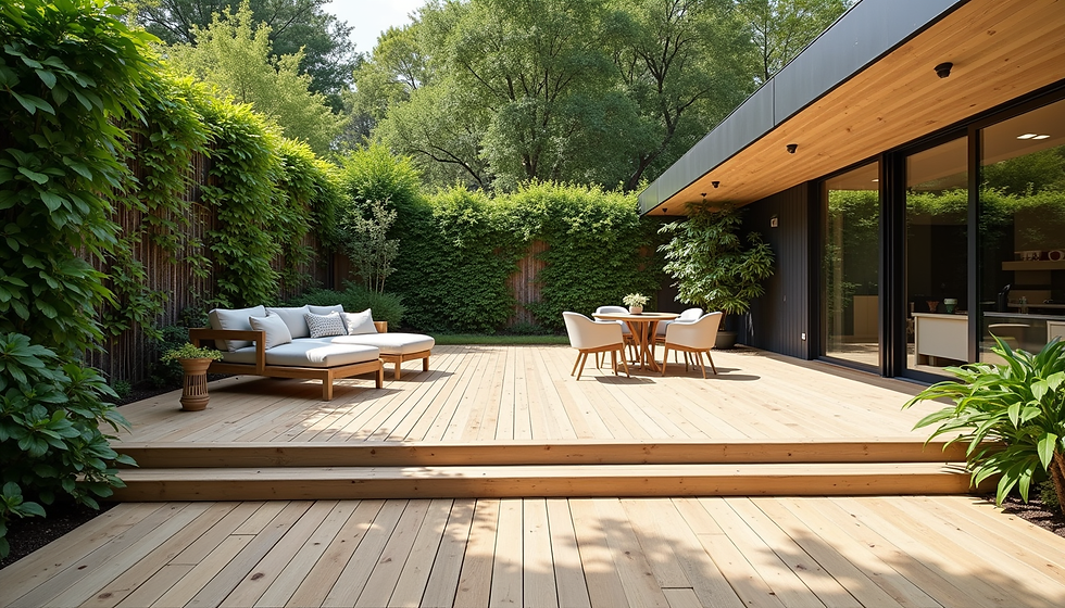 Spacious backyard deck with pressure treated wood and outdoor furniture