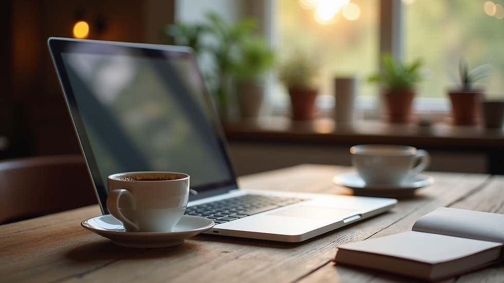 Eye-level view of a cozy workspace with a laptop and coffee