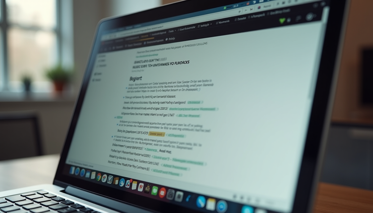 Eye-level view of a laptop screen showing a blog post draft with SEO keywords