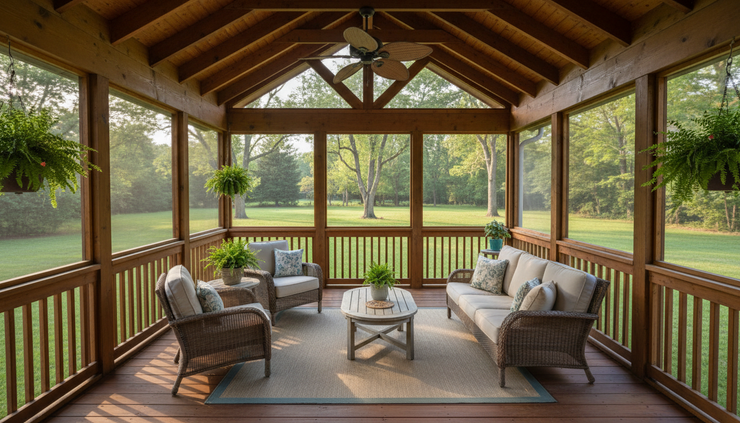 Eye-level view of a finished screened porch with seating built over a former deck