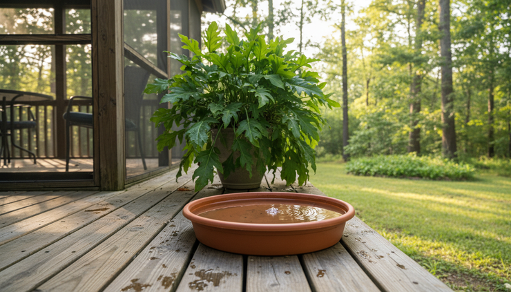 Eye-level view of a plant saucer holding standing water beside a screened porch