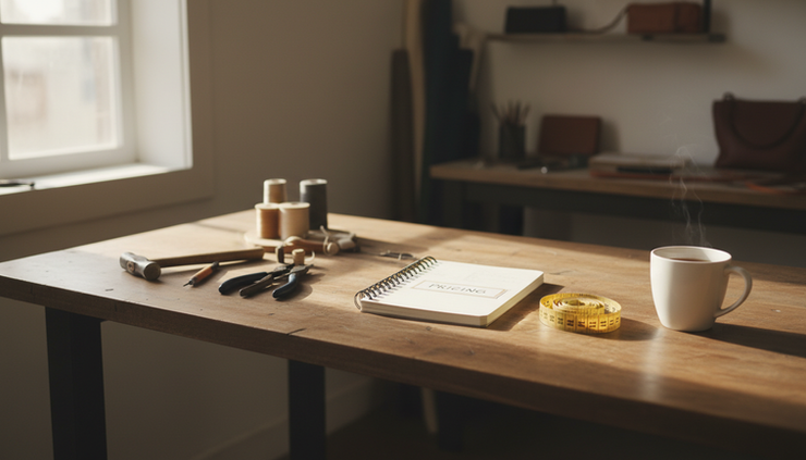 Wide-angle view of a quiet workshop table with tools neatly arranged beside a pricing notebook