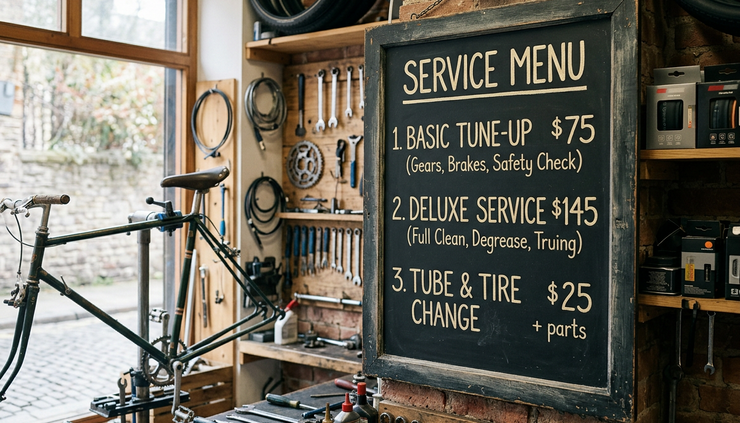 Eye-level view of a simple price board inside a small repair shop.