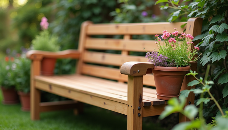 Close-up view of a handcrafted pressure treated wood garden bench with flower pots