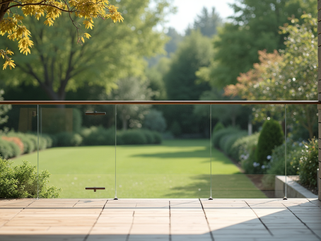 Glass railings on a modern deck with garden view