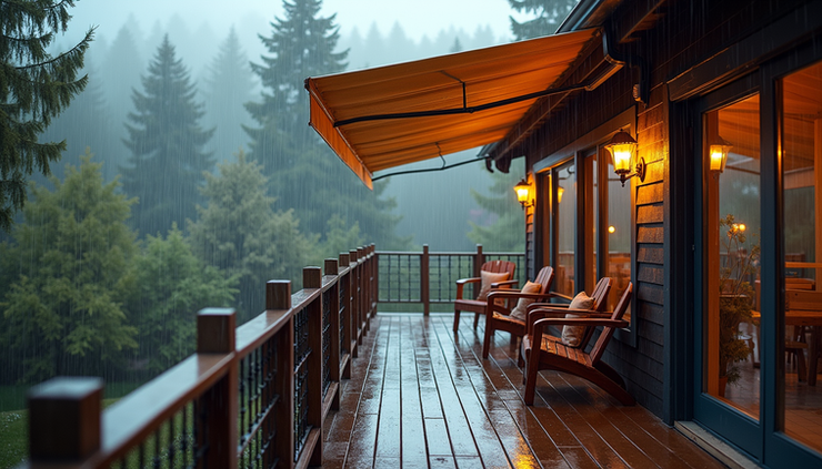 High angle view of a composite deck with a sturdy awning and light rain falling