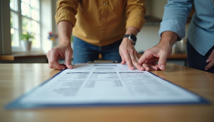 Eye-level view of a contractor explaining a detailed estimate to a homeowner at a kitchen table