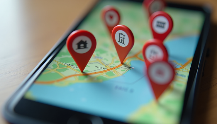 Close-up view of a smartphone showing a map with local business pins