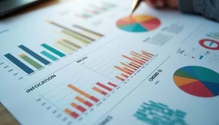High angle view of a colorful infographic summarizing key business growth stats