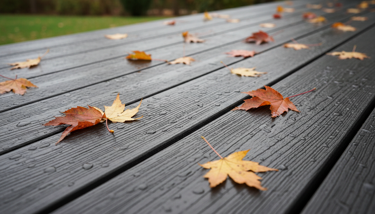Close-up of wet composite deck boards with visible texture and scattered leaves.